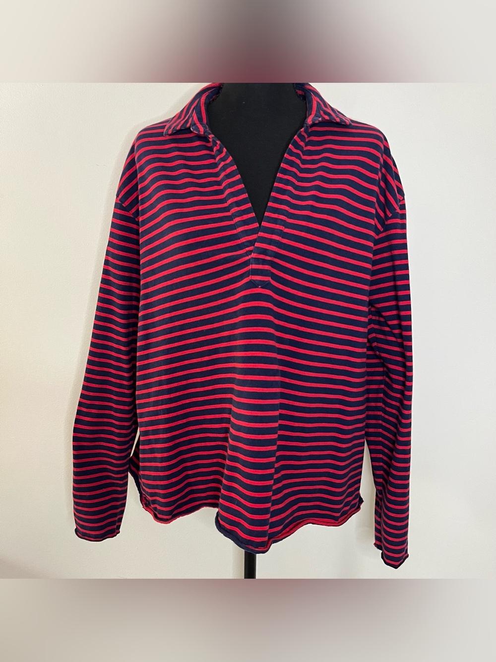 Frank & Eileen Patrick Popover Navy Red Striped Long-Sleeve Preppy Sporty Polo M